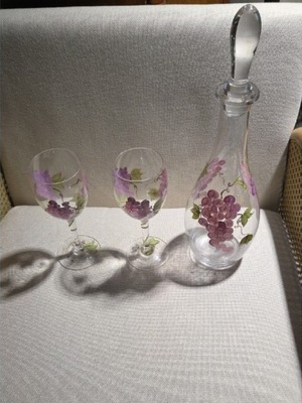 Hand painted glass Wine decanter with glass stopper and 2 matching wine glasses
